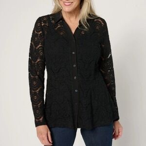 Susan Graver Womens Plus 4X Black Brushed Lace Button Front Top Cami Set A673966